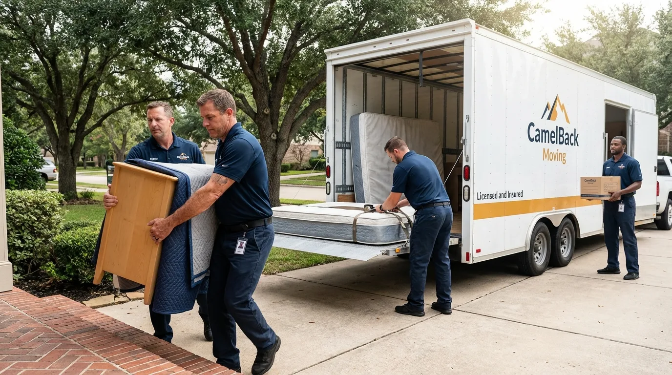 Crew loading residential truck for cross-state move from Prairie Grove, AR