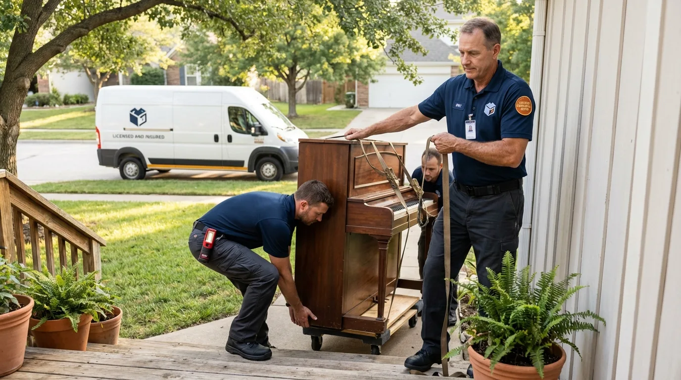 Licensed piano movers securing grand piano in Prairie Grove, AR