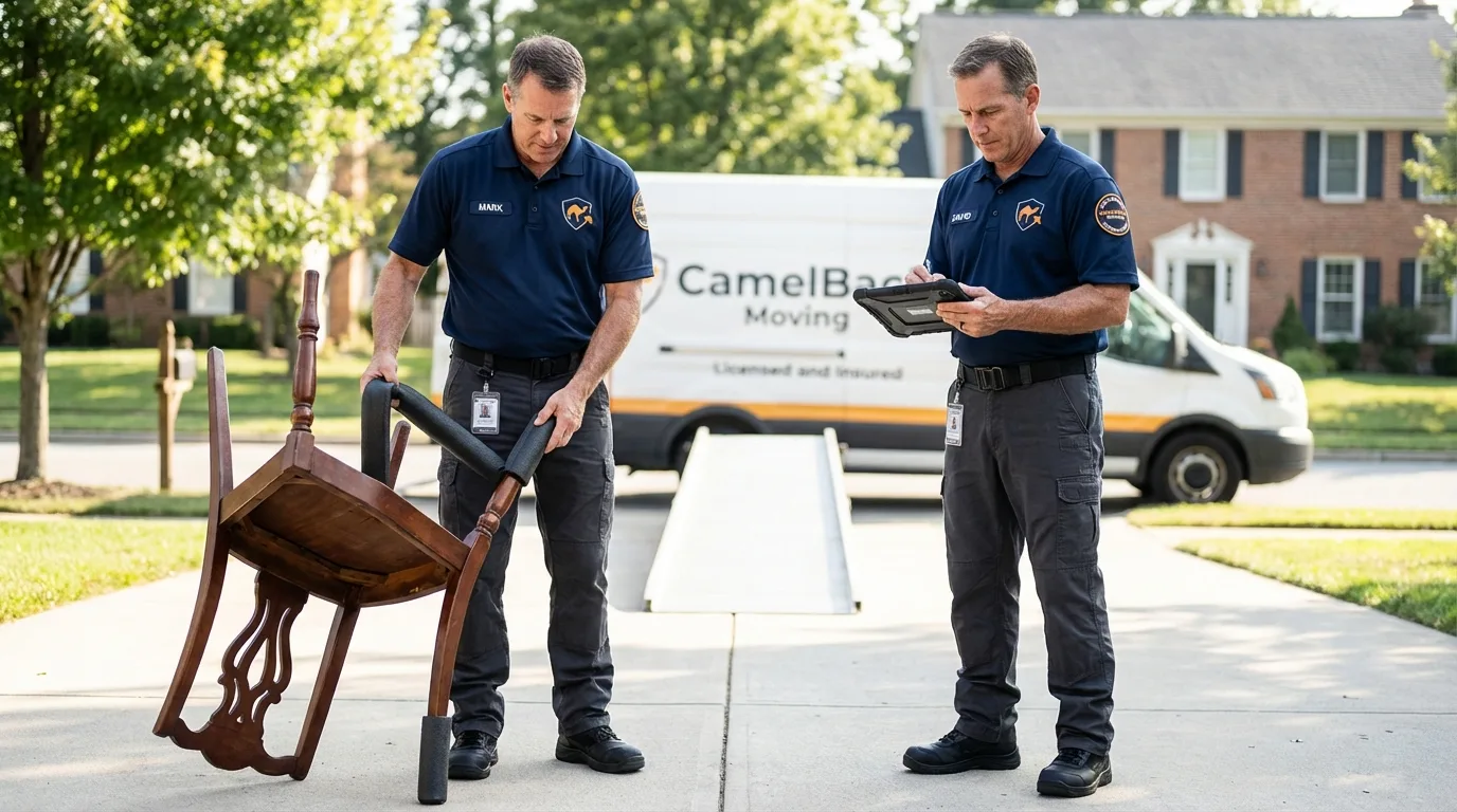 Movers inspecting furniture for damage prevention before loading in Prairie Grove, AR