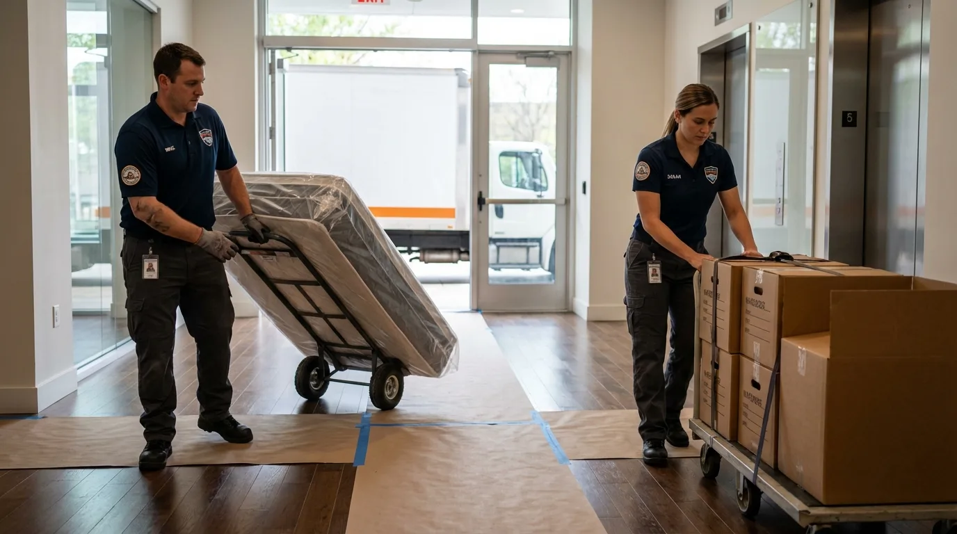 Professional apartment movers loading elevator in Prairie Grove, AR