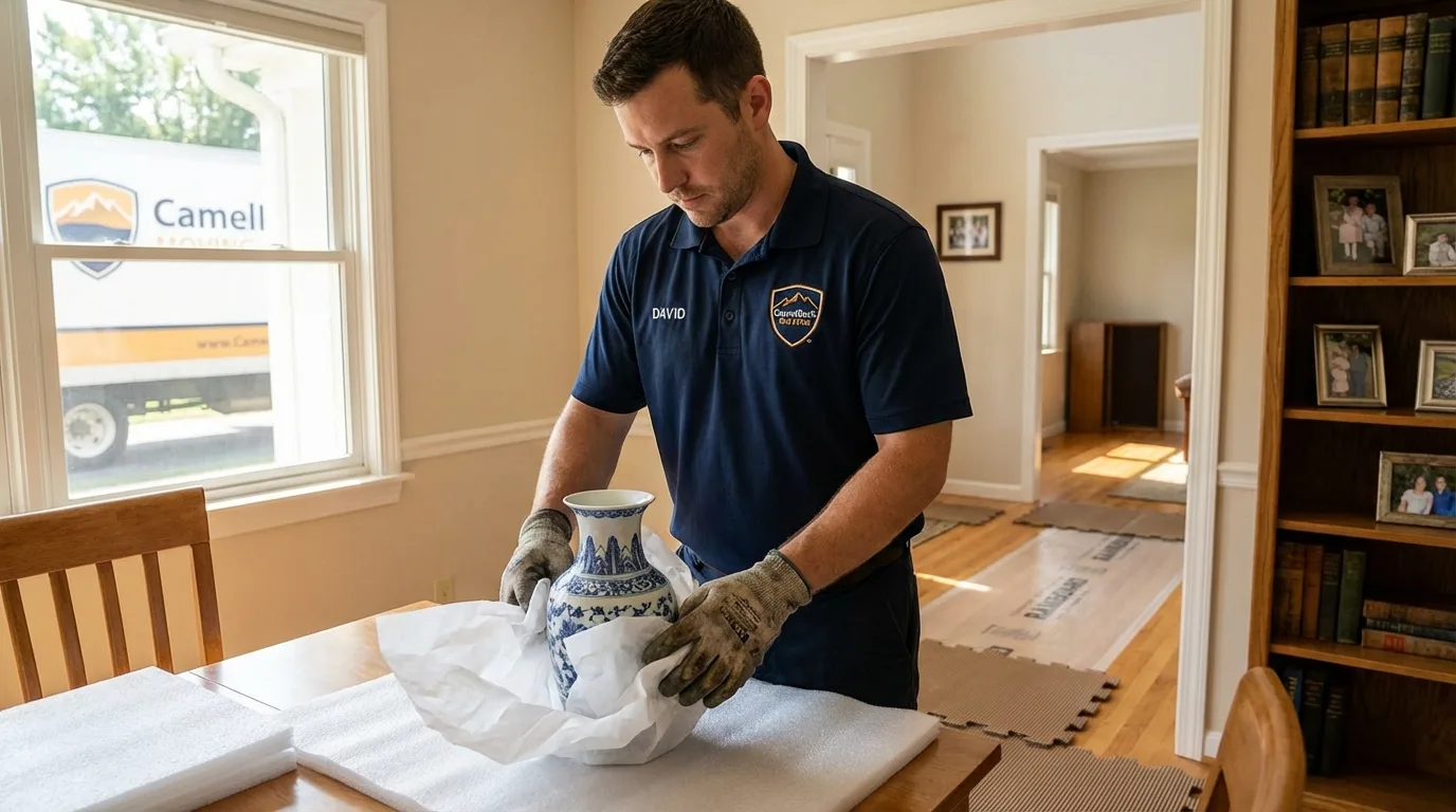 Professional crew carefully wrapping antique vase for senior downsizing move in Prairie Grove, AR